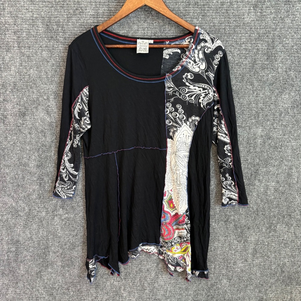 Parsley & Sage Womens Large Black Paisley Patchwork 3/4 Sleeve Sharkbite Tunic